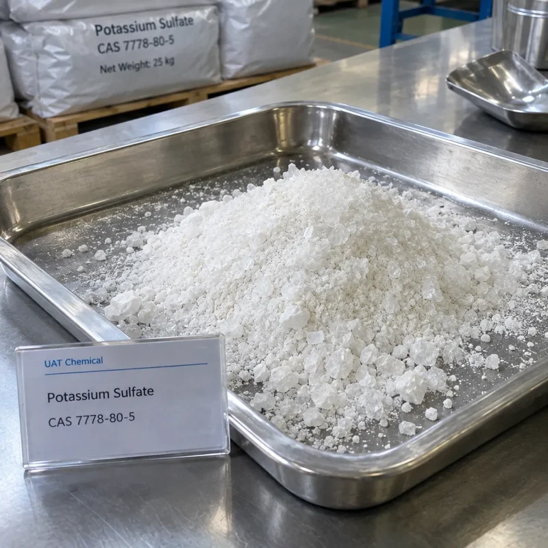 White crystalline granules of potassium sulfate (CAS 7778-80-5) heaped on a stainless steel tray with a label card.
