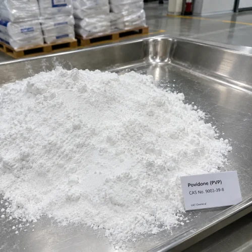 povidone-pvp-powder-stainless-tray-display Povidone (PVP, CAS 9003-39-8) white powder pile in a stainless steel tray with a UAT Chemical sign card