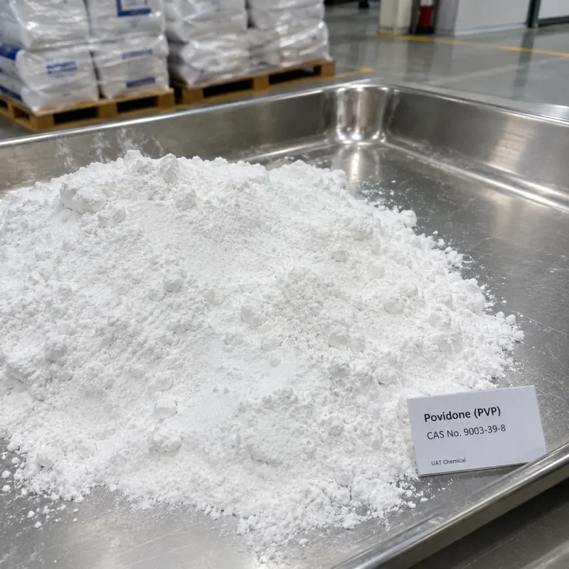 Povidone (PVP, CAS 9003-39-8) white powder pile in a stainless steel tray with a UAT Chemical sign card