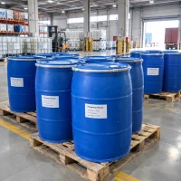 propylene-glycol-cas-57-55-6-blue-plastic-drums-215kg Propylene glycol (CAS No. 57-55-6) packed in 215 kg blue plastic drums on wooden pallets in a chemical warehouse.