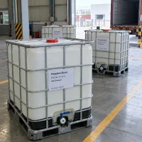 propylene-glycol-cas-57-55-6-ibc-tote-1000kg Propylene glycol (CAS No. 57-55-6) stored in 1000 kg IBC tote tanks with discharge valves at a container loading dock.