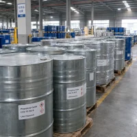 Galvanized steel drums of propylene oxide (CAS 75-56-9), palletized in rows in a warehouse, labeled with GHS flammable and health hazard pictograms