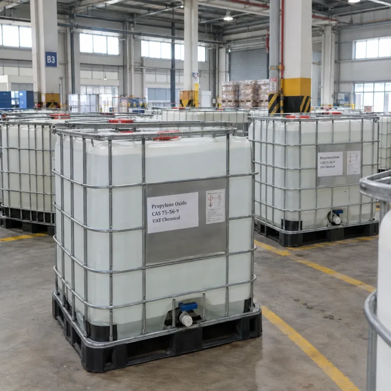White IBC totes (intermediate bulk containers) of propylene oxide (CAS 75-56-9), with metal cage frames and discharge valves, labeled with GHS hazard pictograms, stored in a warehouse