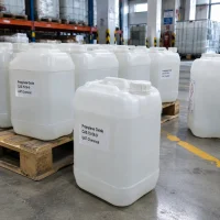 White plastic jerrycan drums of propylene oxide (CAS 75-56-9), labeled and placed on wooden pallets in a warehouse