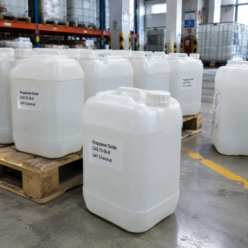 White plastic jerrycan drums of propylene oxide (CAS 75-56-9), labeled and placed on wooden pallets in a warehouse
