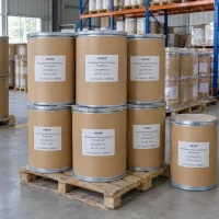 Stacked 25kg fiber drums of PSPPP Polysulfonyl Phenyl Phenylene Phosphonate CAS 35398-70-0 on a wooden pallet in a warehouse.