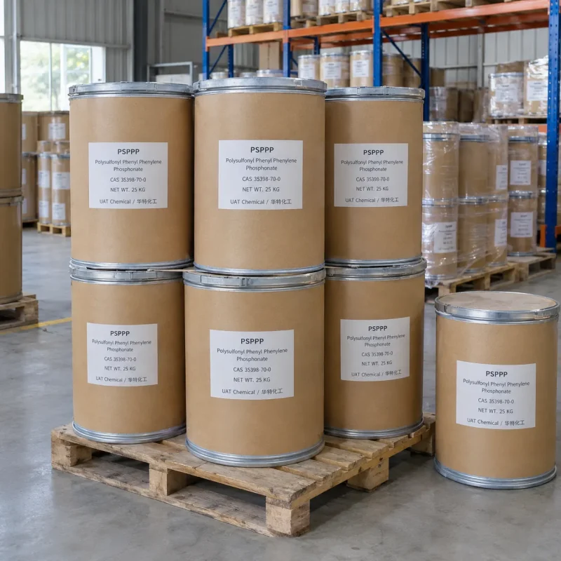 Stacked 25kg fiber drums of PSPPP Polysulfonyl Phenyl Phenylene Phosphonate CAS 35398-70-0 on a wooden pallet in a warehouse.