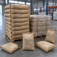 Stacked 25kg brown paper bags of PSPPP Polysulfonyl Phenyl Phenylene Phosphonate CAS 35398-70-0 on wooden pallets in a warehouse.