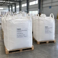 White FIBC bulk bags labeled PSPPP Polysulfonyl Phenyl Phenylene Phosphonate CAS 35398-70-0 with 500 kg net weight on wooden pallets in a warehouse.