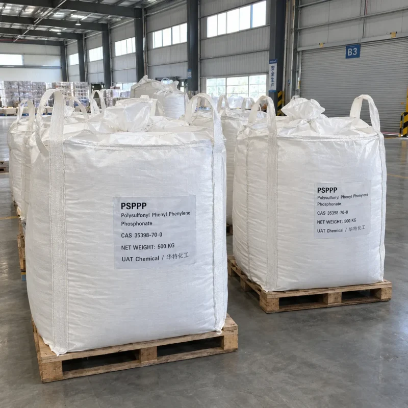 White FIBC bulk bags labeled PSPPP Polysulfonyl Phenyl Phenylene Phosphonate CAS 35398-70-0 with 500 kg net weight on wooden pallets in a warehouse.