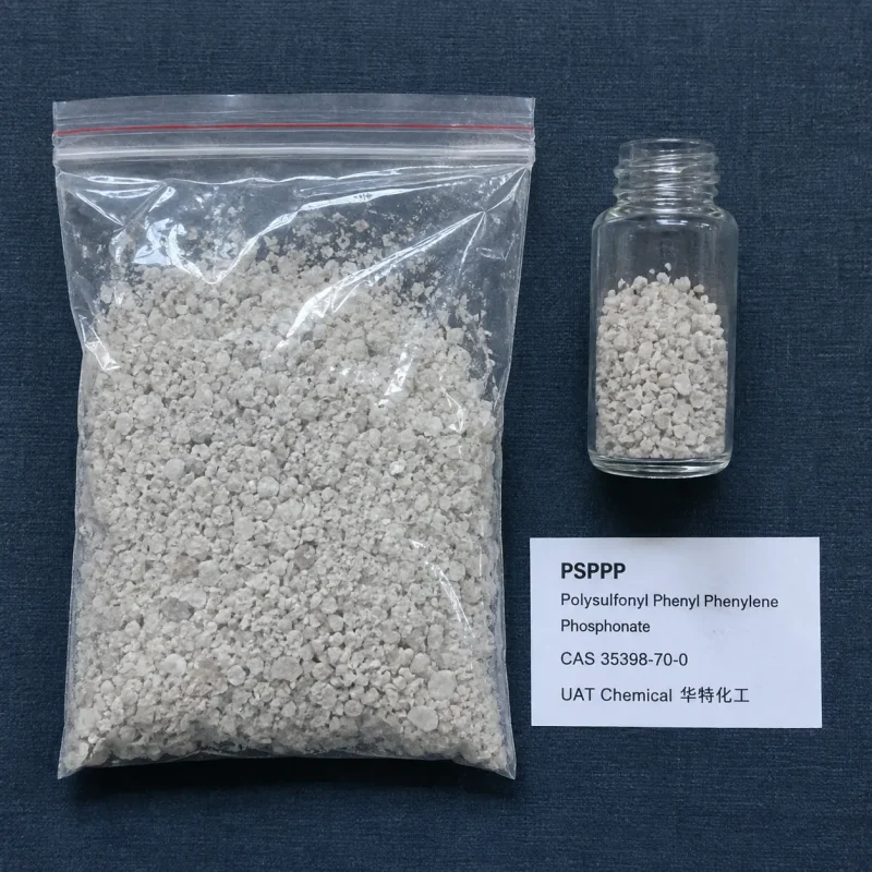 White granules of PSPPP Polysulfonyl Phenyl Phenylene Phosphonate CAS 35398-70-0 in a transparent ziplock bag and a glass vial with a product label card.