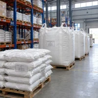 Stacked white bags and FIBC bulk bags of Purified Terephthalic Acid PTA CAS 100-21-0 on wooden pallets in a warehouse with storage racks behind.