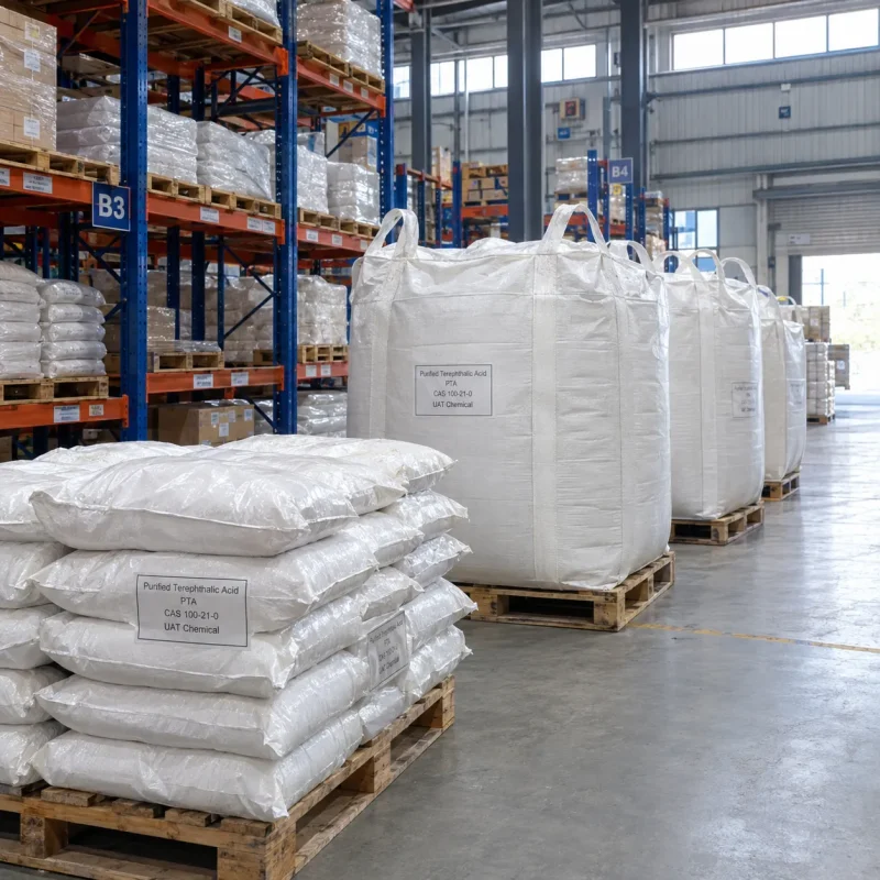 Stacked white bags and FIBC bulk bags of Purified Terephthalic Acid PTA CAS 100-21-0 on wooden pallets in a warehouse with storage racks behind.
