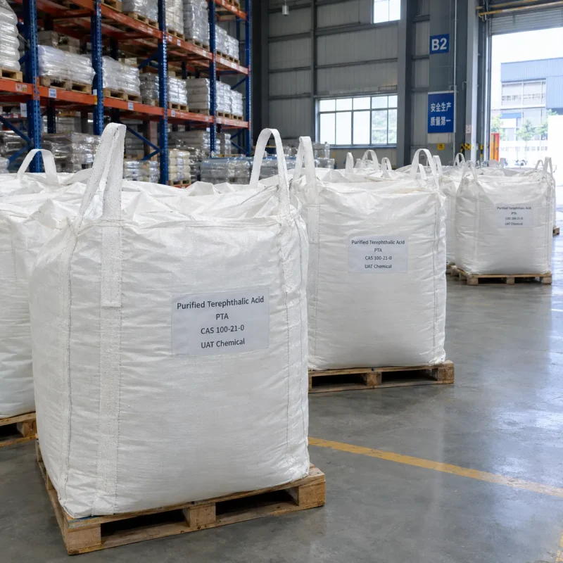 Row of white FIBC bulk bags labeled Purified Terephthalic Acid PTA CAS 100-21-0 on wooden pallets in a warehouse with racks in the background.