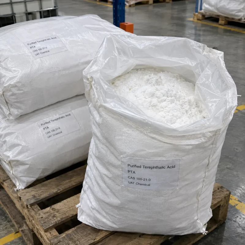 Open white woven bag showing white Purified Terephthalic Acid PTA powder CAS 100-21-0 on a wooden pallet with stacked bags beside it.