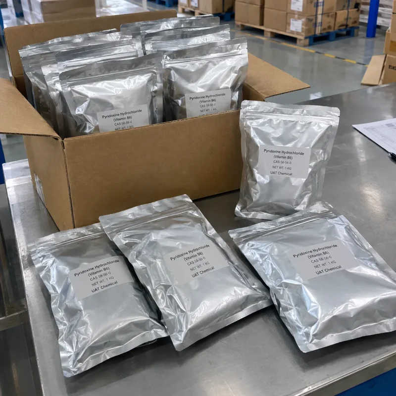 pyridoxine-hydrochloride-vitamin-b6-aluminum-foil-bags 1kg sealed aluminum foil bags of Pyridoxine Hydrochloride Vitamin B6 powder prepared for B2B sample orders and small batch shipments.