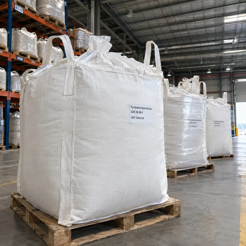 pyridoxine-hydrochloride-vitamin-b6-bulk-jumbo-bag-packaging Bulk Pyridoxine Hydrochloride Vitamin B6 CAS 58-56-0 packed in white jumbo bags on pallets in a warehouse for B2B wholesale.