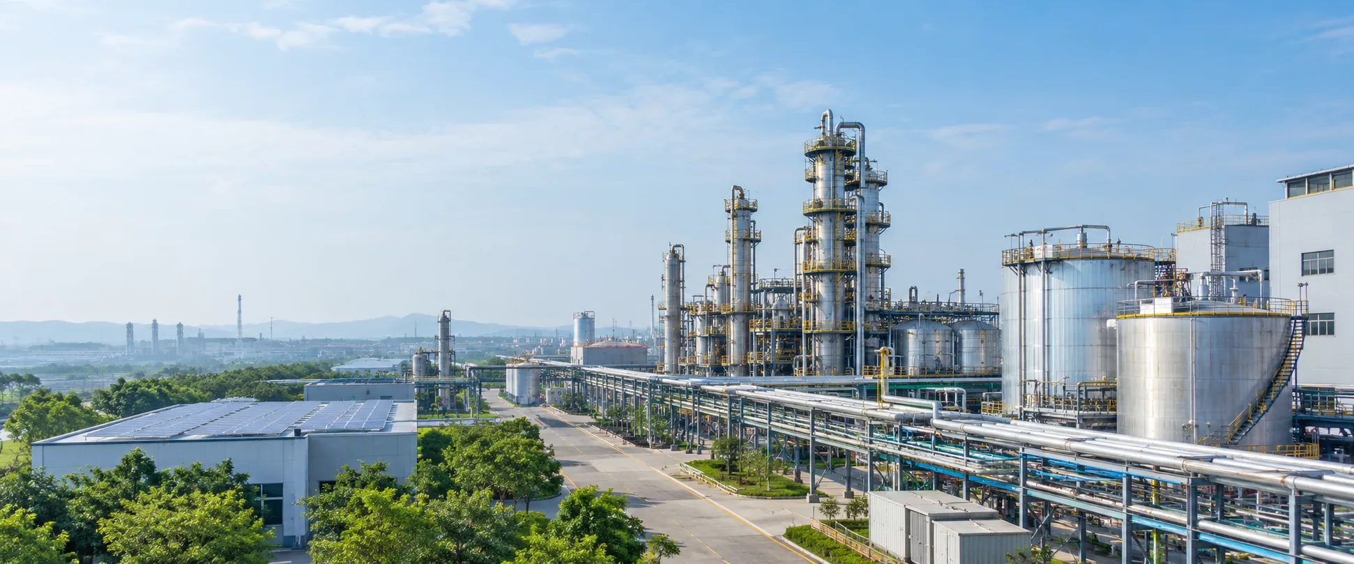 UAT Chemical production site with distillation columns, storage tanks and rooftop solar panels