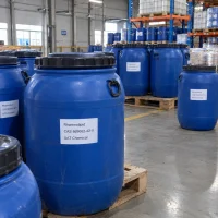 rhamnolipid-cas-869062-42-0-blue-plastic-drum Blue plastic drums with black lids labeled rhamnolipid (CAS 869062-42-0) on wooden pallets in a warehouse