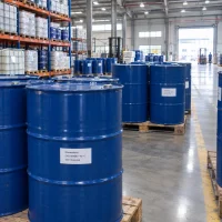 rhamnolipid-cas-869062-42-0-blue-steel-drum Blue steel drums labeled rhamnolipid (CAS 869062-42-0) arranged on wooden pallets in a warehouse