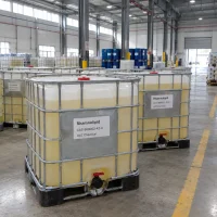rhamnolipid-cas-869062-42-0-ibc-tote-container IBC tote containers filled with pale yellow rhamnolipid (CAS 869062-42-0) liquid lined up in a warehouse