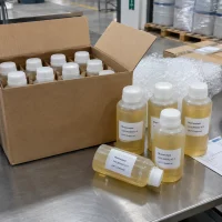 rhamnolipid-cas-869062-42-0-plastic-bottle-carton-packaging Plastic bottles filled with pale yellow rhamnolipid (CAS 869062-42-0) liquid packed in a cardboard carton on a stainless steel table