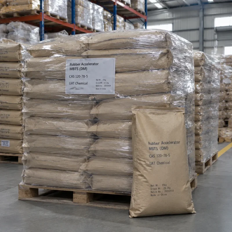 rubber-accelerator-mbts-dm-cas-120-78-5-25kg-bags-stretch-wrapped-pallet Rubber Accelerator MBTS (DM) CAS 120-78-5 in 25 kg bags stretch-wrapped on pallet in warehouse