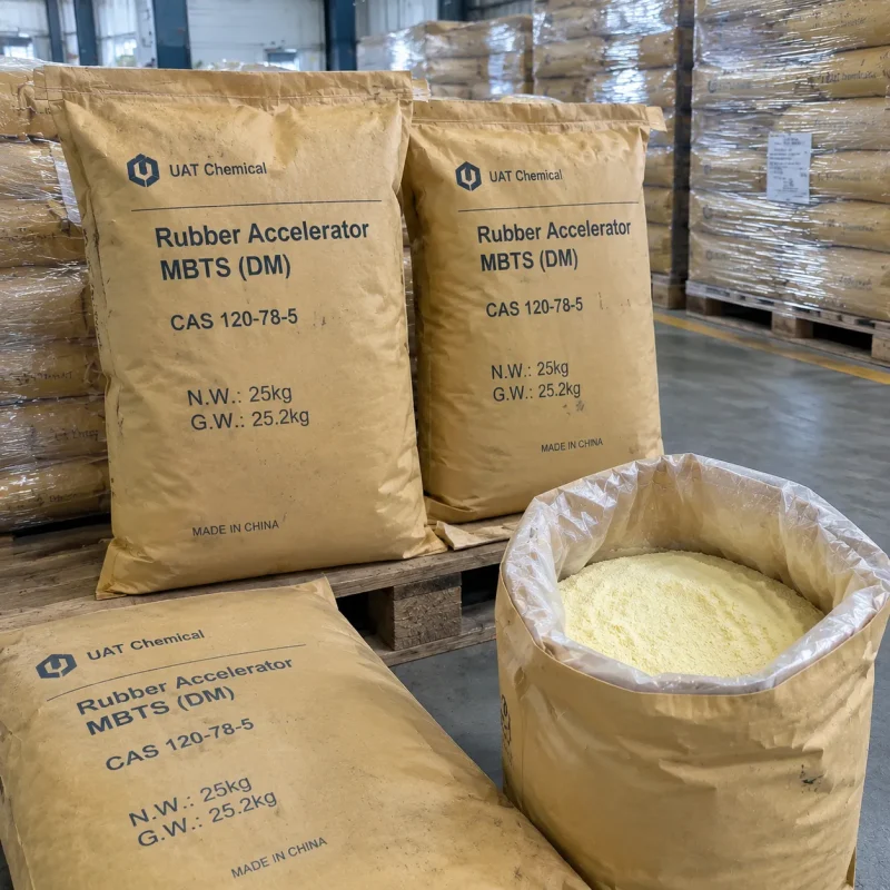 rubber-accelerator-mbts-dm-cas-120-78-5-25kg-kraft-bags-open-powder Rubber Accelerator MBTS (DM) CAS 120-78-5 in 25 kg kraft bags with open bag showing powder