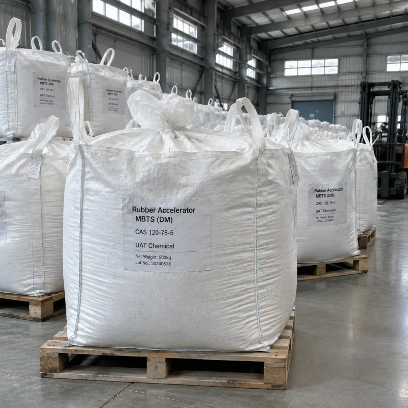 rubber-accelerator-mbts-dm-cas-120-78-5-500kg-fibc-bulk-bags Rubber Accelerator MBTS (DM) CAS 120-78-5 in 500 kg FIBC bulk bags on pallets in warehouse