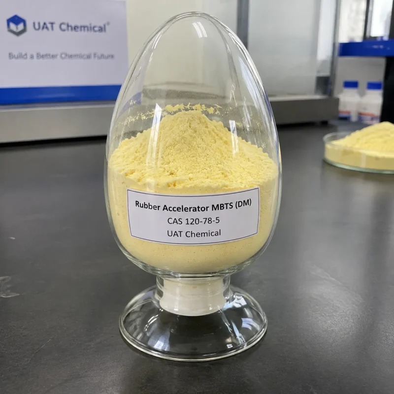 rubber-accelerator-mbts-dm-cas-120-78-5-pale-yellow-powder-glass-vial Rubber Accelerator MBTS (DM) CAS 120-78-5 pale yellow powder in glass egg-shaped vial
