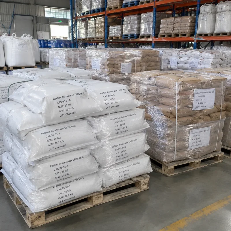 rubber-accelerator-tbbs-ns-cas-95-31-8-25kg-woven-bags-pallet Rubber Accelerator TBBS (NS) CAS 95-31-8 in 25 kg white woven bags stacked on pallets