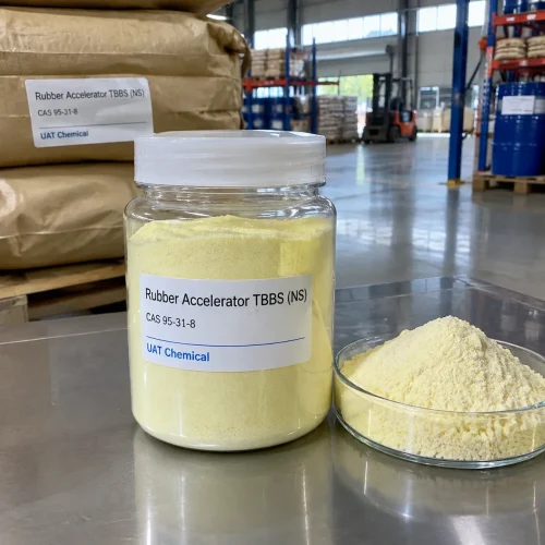 Rubber Accelerator TBBS (NS) CAS 95-31-8 pale yellow powder in sample jar and glass dish