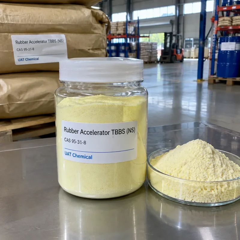 rubber-accelerator-tbbs-ns-cas-95-31-8-pale-yellow-powder-sample-jar Rubber Accelerator TBBS (NS) CAS 95-31-8 pale yellow powder in sample jar and glass dish