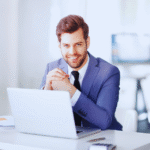 Satisfied male client holding folder giving testimonial review for UATChem company professional business partner