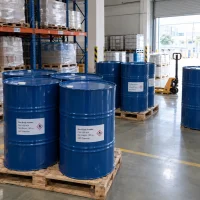 Blue 180 kg steel drums of sec-butyl acetate (CAS 105-46-4) stacked on wooden pallets in a warehouse, with flammable liquid hazard labels on the drums