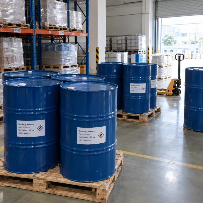 Blue 180 kg steel drums of sec-butyl acetate (CAS 105-46-4) stacked on wooden pallets in a warehouse, with flammable liquid hazard labels on the drums