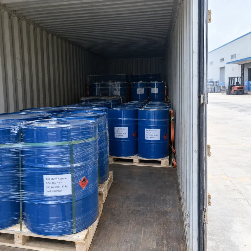 Palletized blue steel drums of sec-butyl acetate (CAS 105-46-4), net weight 180 kg per drum, shrink-wrapped and loaded inside a shipping container
