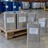 Silver tin cans of sec-butyl acetate (CAS 105-46-4) in 20 kg and 25 kg net weights placed on a wooden pallet in a warehouse