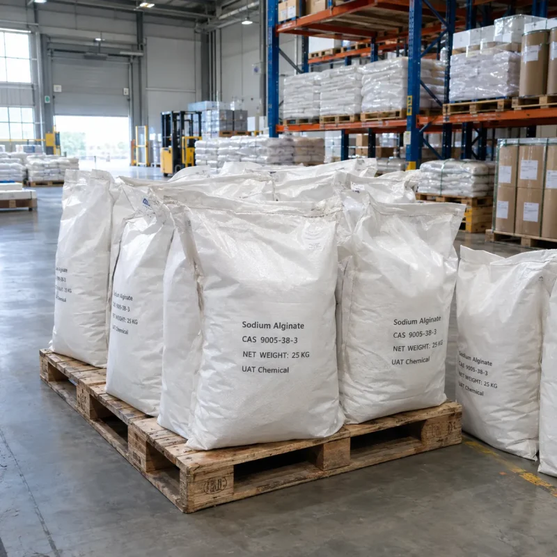 sodium-alginate-cas-9005-38-3-25kg-woven-bags-pallet Sodium Alginate CAS 9005-38-3 in 25 kg white woven bags stacked on pallet in warehouse