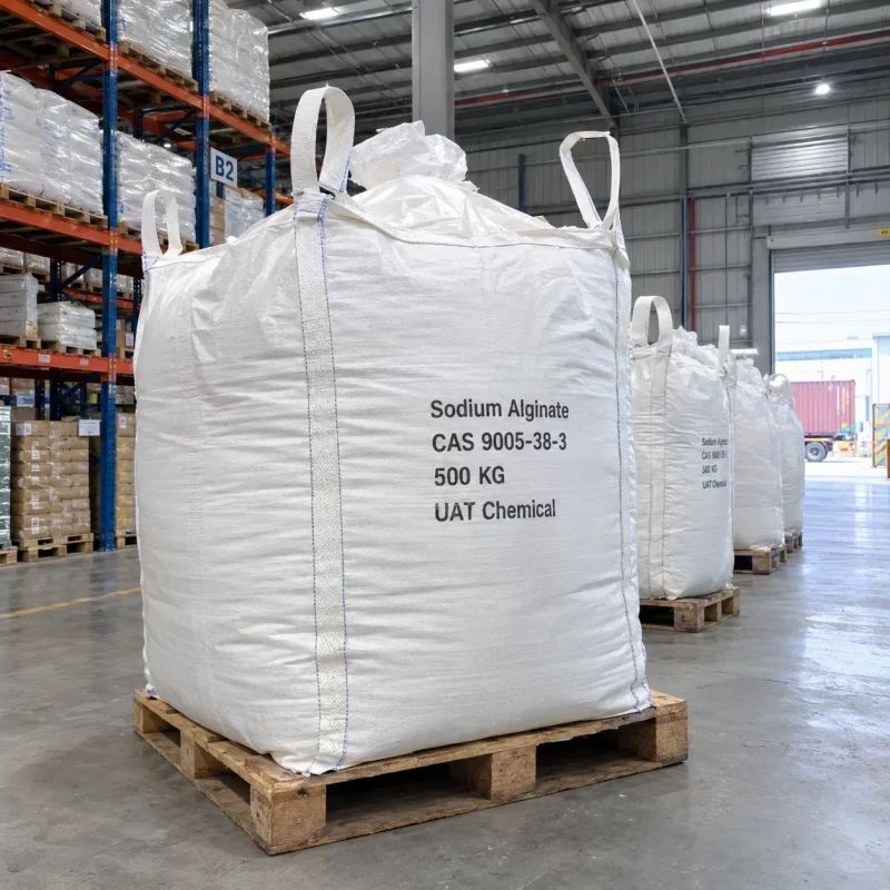sodium-alginate-cas-9005-38-3-500kg-fibc-bulk-bag Sodium Alginate CAS 9005-38-3 in 500 kg FIBC bulk bag on pallet in warehouse