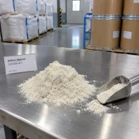 sodium-alginate-cas-9005-38-3-powder-scoop-sample Sodium Alginate CAS 9005-38-3 off-white powder pile with stainless steel scoop on table