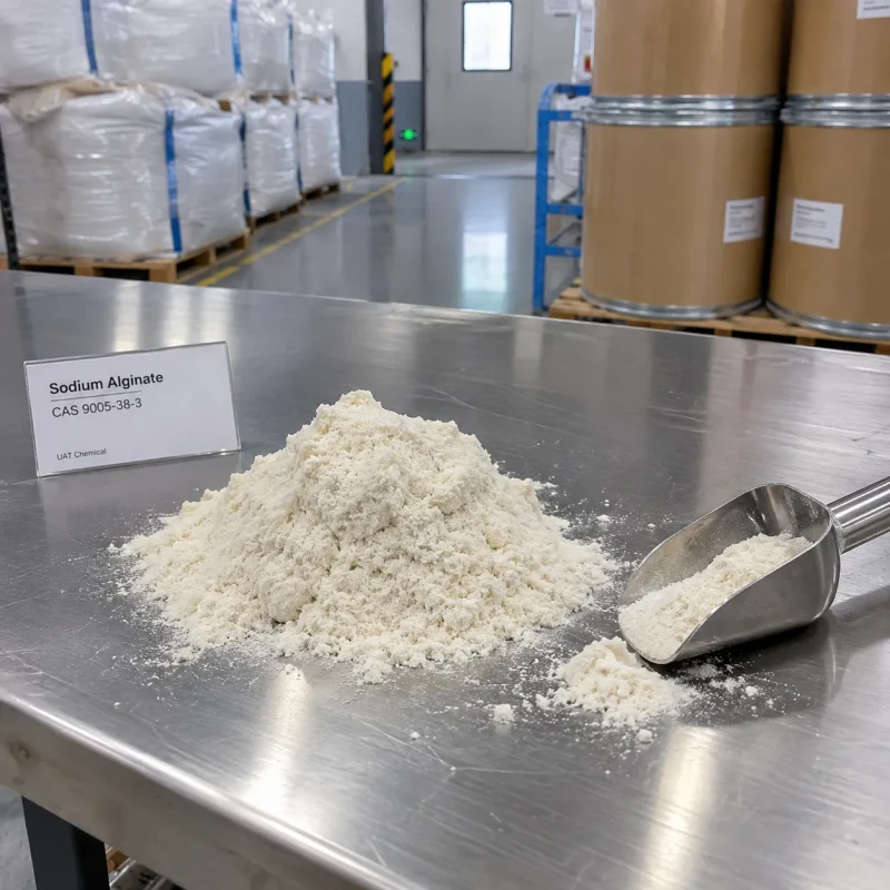 sodium-alginate-cas-9005-38-3-powder-scoop-sample Sodium Alginate CAS 9005-38-3 off-white powder pile with stainless steel scoop on table
