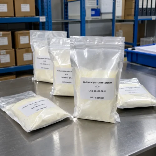 Sodium Alpha-Olefin Sulfonate AOS CAS 68439-57-6 white powder in sealed sample bags on a stainless steel table, UAT Chemical.
