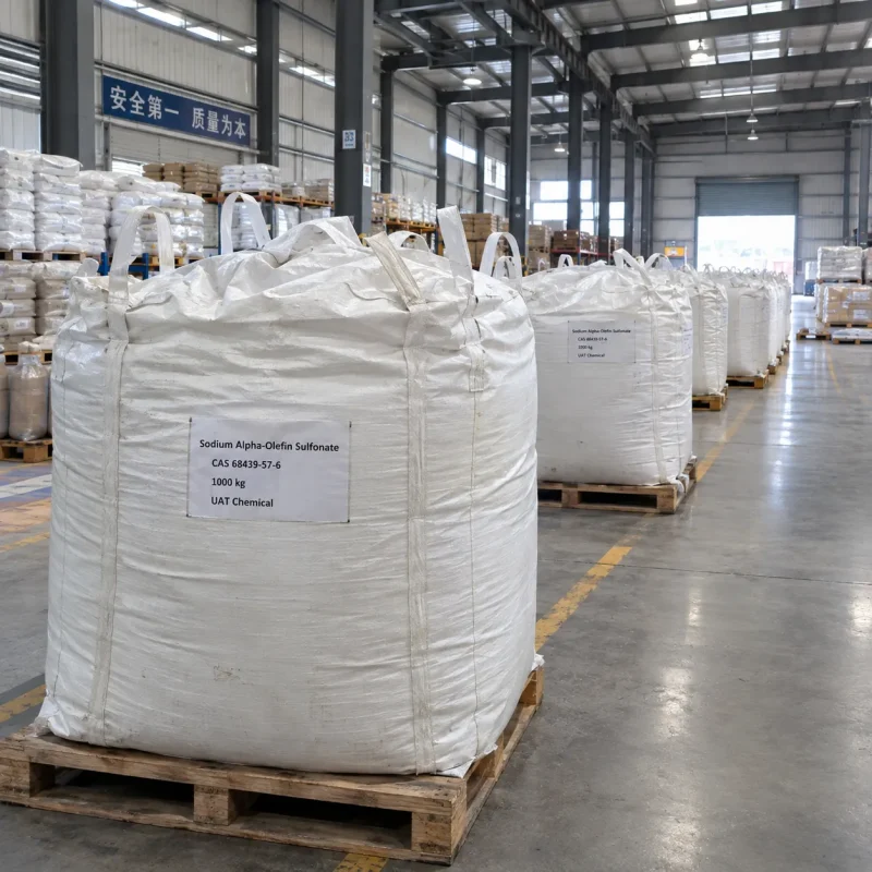 Sodium Alpha-Olefin Sulfonate CAS 68439-57-6 in 1000 kg jumbo bags (FIBC bulk bags) on wooden pallets in UAT Chemical warehouse.