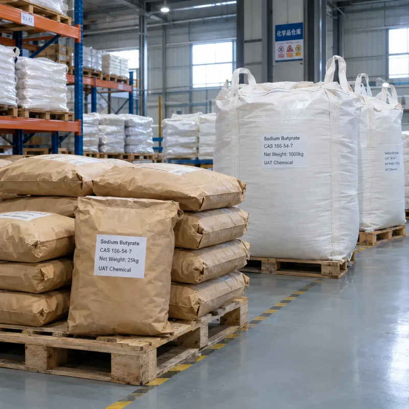 sodium-butyrate-cas-156-54-7-25kg-paper-bags-1000kg-fibc-bulk-bag Sodium Butyrate CAS 156-54-7 in 25 kg paper bags and 1000 kg bulk bags on pallets in warehouse