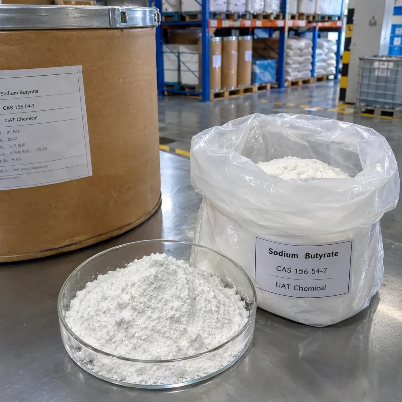 sodium-butyrate-cas-156-54-7-white-powder-fiber-drum Sodium Butyrate CAS 156-54-7 white powder in glass dish with PE-lined bag and fiber drum