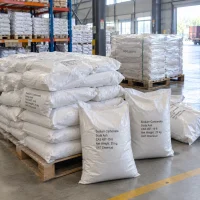 Sodium carbonate soda ash CAS 497-19-8 in 25 kg woven bags stacked on pallets in warehouse