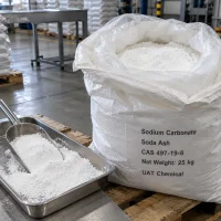 Sodium carbonate soda ash CAS 497-19-8 white powder closeup in open 25 kg bag with steel scoop and tray