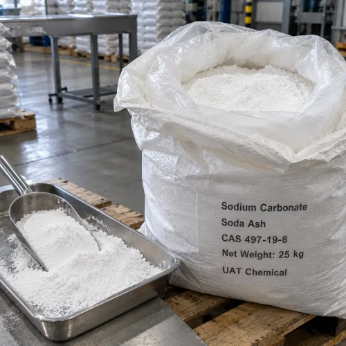 Sodium carbonate soda ash CAS 497-19-8 white powder closeup in open 25 kg bag with steel scoop and tray