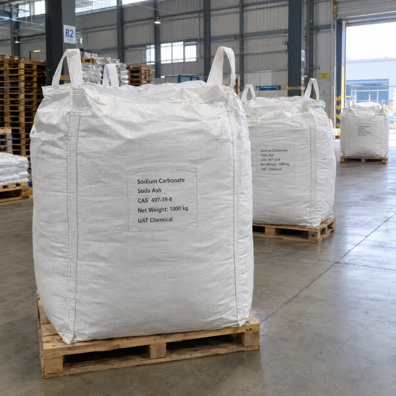 Sodium carbonate soda ash CAS 497-19-8 in 1000 kg FIBC ton bags on wooden pallets in warehouse